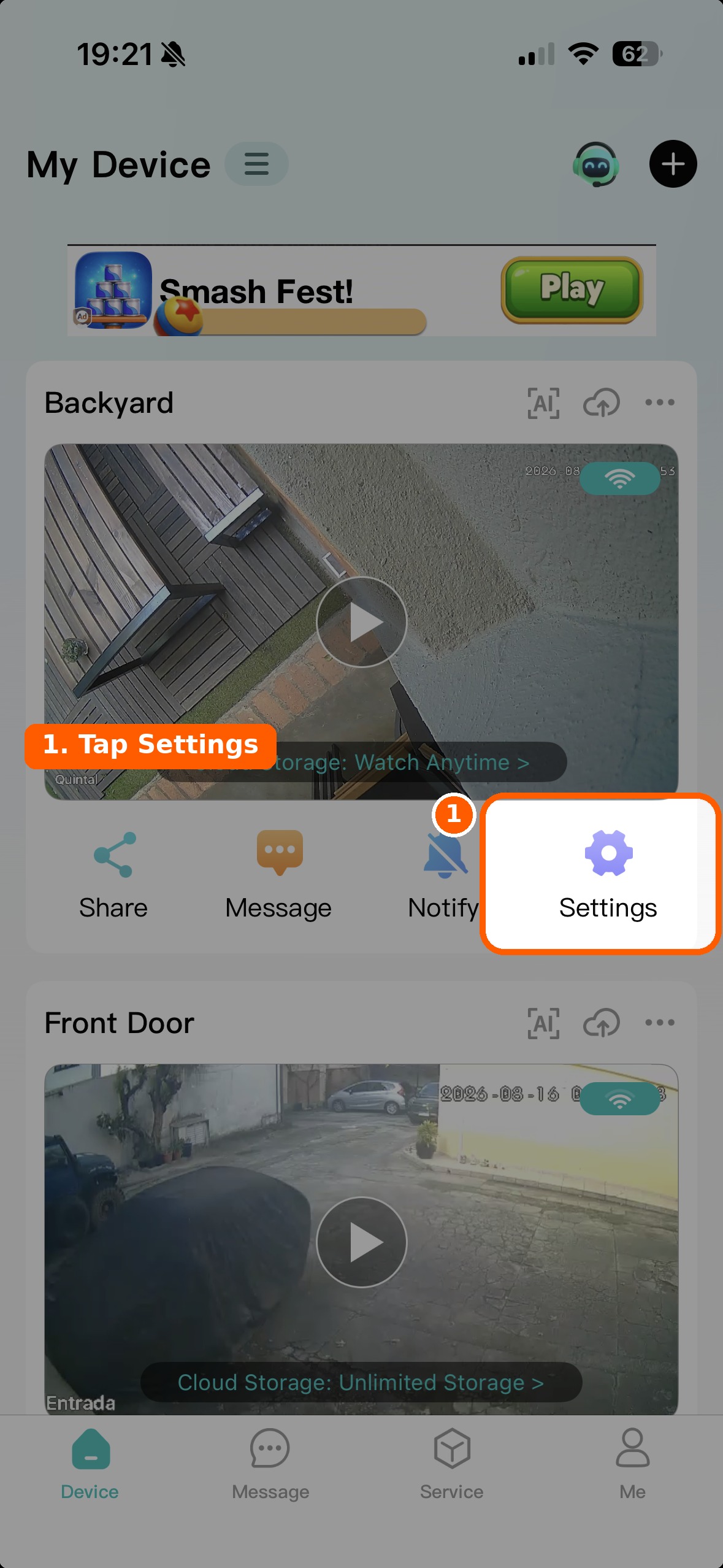 1. In iCSee, tap Settings on the camera.